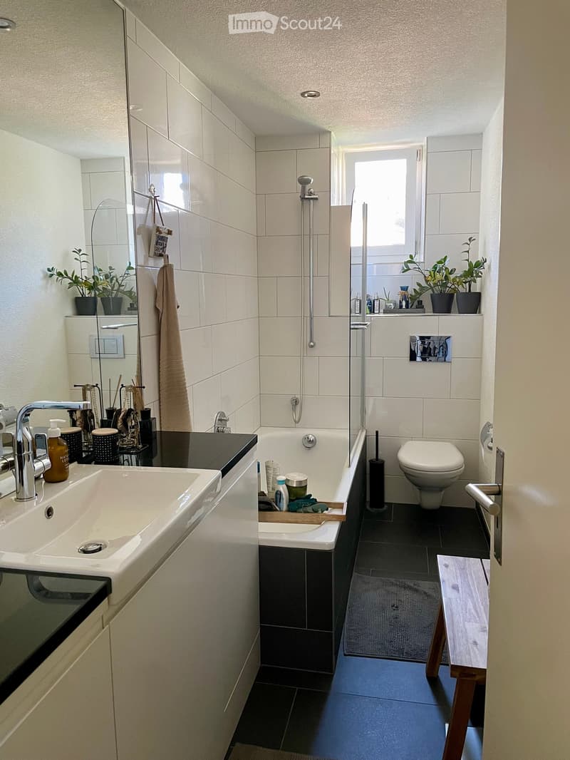 Modern bathroom with white tiles, a large sink, bathtub, toilet, shower, and small plants on shelves.