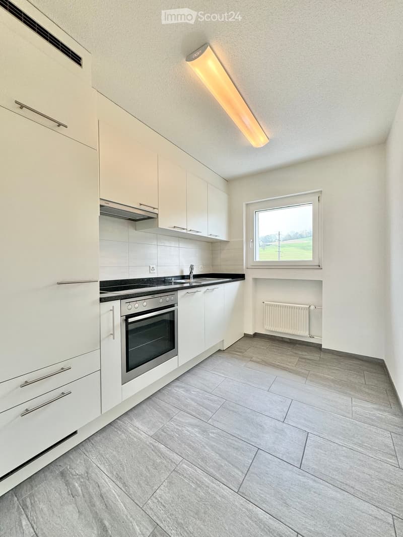 Modern kitchen with white cabinets, stainless steel oven, sink, and radiator. Grey tiled floor and large window with view.