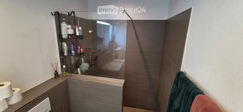 Modern bathroom with a large mirror, shower rack, and towel hanging on the side.