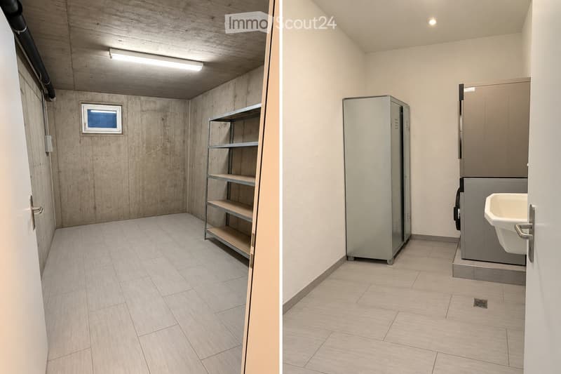 Two unfurnished rooms: one with concrete walls, tiled floor, metal shelving unit, and a small window; the other with light-colored walls, tiled floor, a sink, and a large metal cabinet.