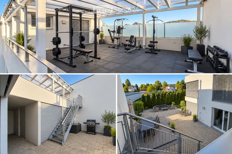 The image shows a multi-section outdoor area including a fitness area with gym equipment, a staircase leading to a lower level, and a patio with seating and a grill. The fitness area features a barbell, weight plates, and various exercise machines. The pa
