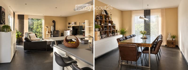 Modern living and dining area with a fireplace, sofa, coffee table, TV, shelves, bar stools, dining table, dining chairs, and decorative plants.