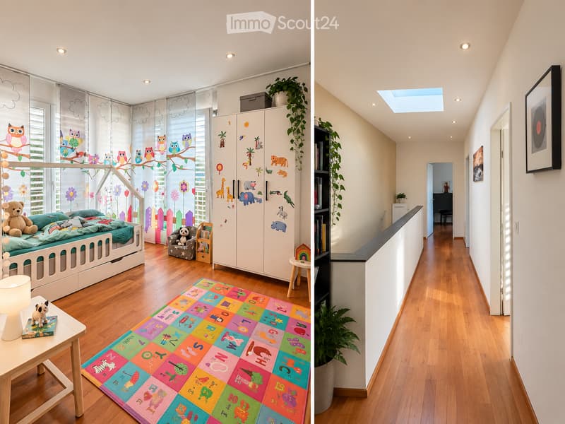 A cozy children's bedroom with a white wooden bed, colorful alphabet play mat, small table with a lamp, and a plush toy. The room features a large window with playful animal-themed curtains and a built-in wardrobe with animal decals.