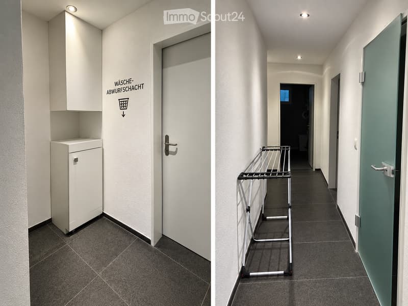 Two images of a modern hallway with white walls, dark tiled flooring, and recessed lighting. The left image shows a small storage unit with a sign indicating a laundry area. The right image shows a drying rack placed against the wall.
