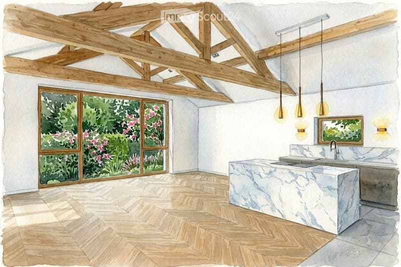Open-concept kitchen with exposed wooden beams, large windows, marble island, and pendant lights.