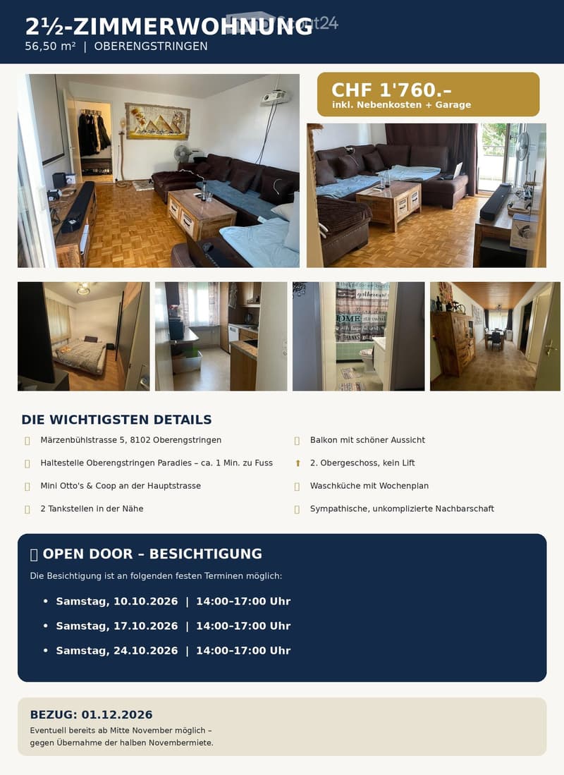 The image shows a furnished 2.5-room apartment with a living room, bedroom, kitchen, and bathroom. The living room features a sofa, coffee table, and fan. The bedroom has a bed and nightstand. The kitchen includes cabinets and a sink, while the bathroom h