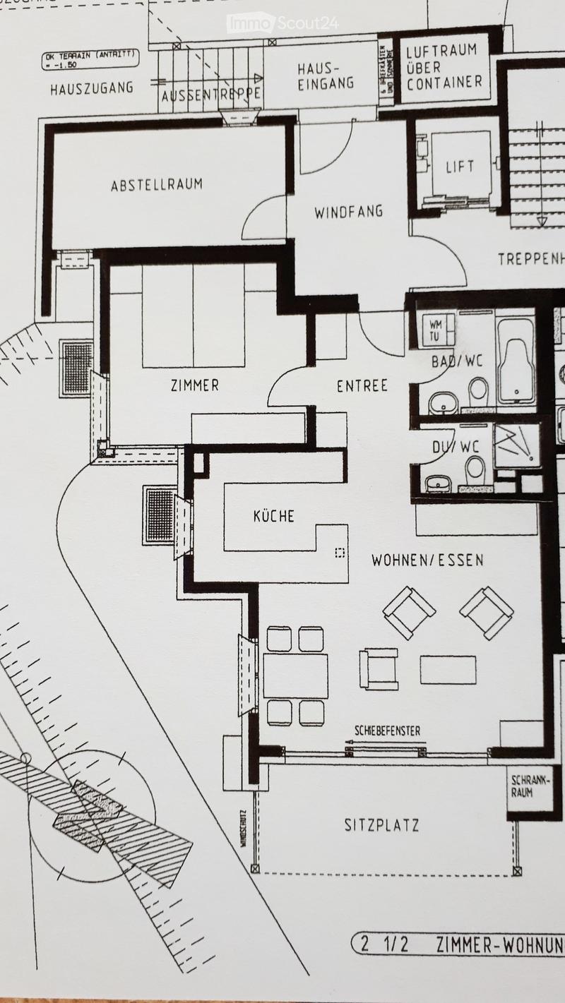 Floor plan of a 2.5-room apartment with labeled rooms including entrance, kitchen, living/dining area, bedroom, bathroom, and storage space.