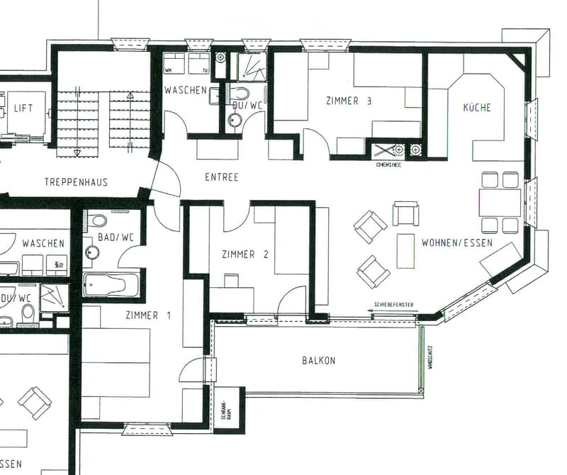 Floor plan of a residential space featuring three bedrooms, a kitchen, a living/dining area, a balcony, a staircase, and bathrooms.