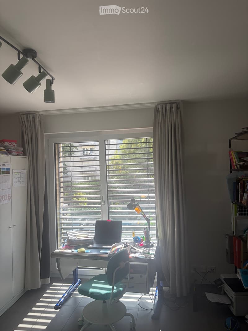 Brightly lit room with a desk, office chair, bookshelf, and a window with blinds. The room features a modern aesthetic with a mix of functional and decorative items.