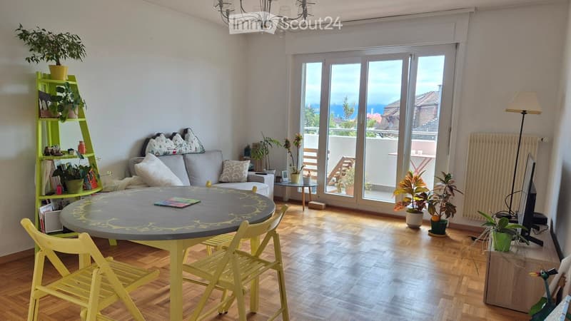 Bright living room with wooden flooring, large windows offering a scenic view, a round table with chairs, a sofa with decorative pillows, a green shelving unit with plants and books, and a chandelier hanging from the ceiling.