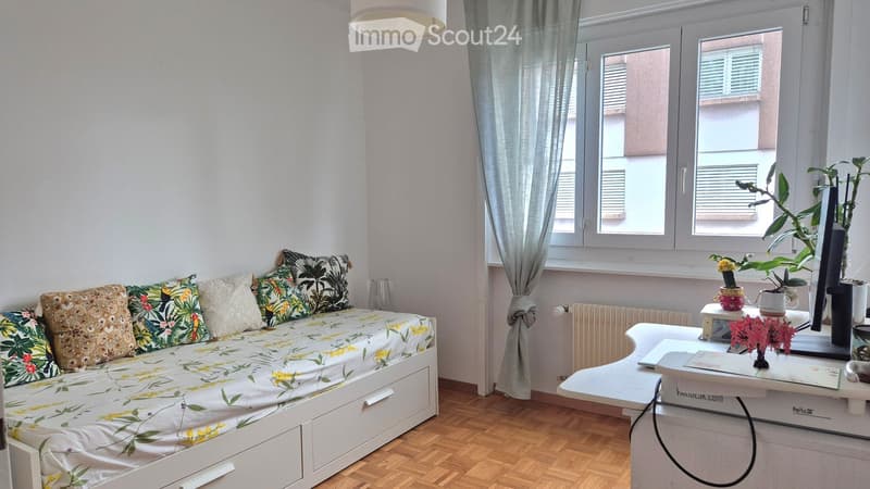 A cozy, well-lit room with a sofa bed, a small table with a laptop, and decorative plants. The room features wooden flooring, large windows with curtains, and a radiator.