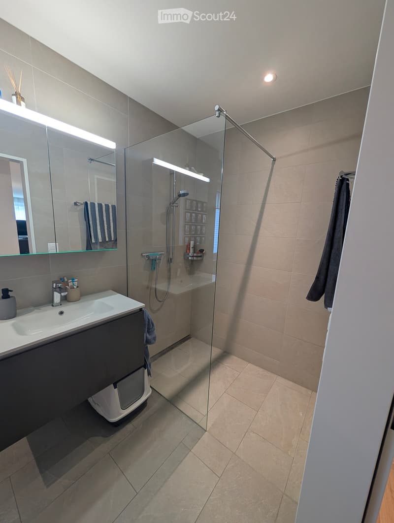 Modern bathroom with a white sink, large mirror, glass-enclosed shower, and tiled walls and floor.