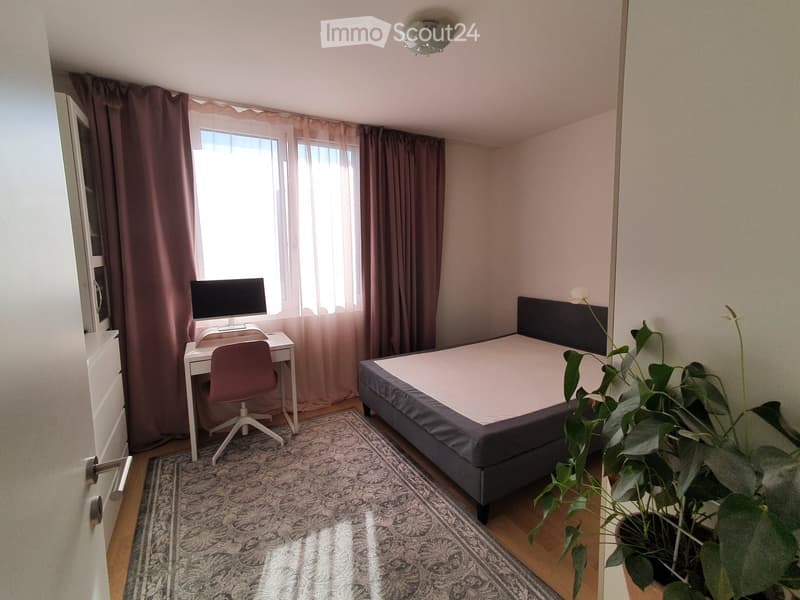 Cozy bedroom with a double bed, desk with a chair and screen, patterned rug, and a potted plant near the window.