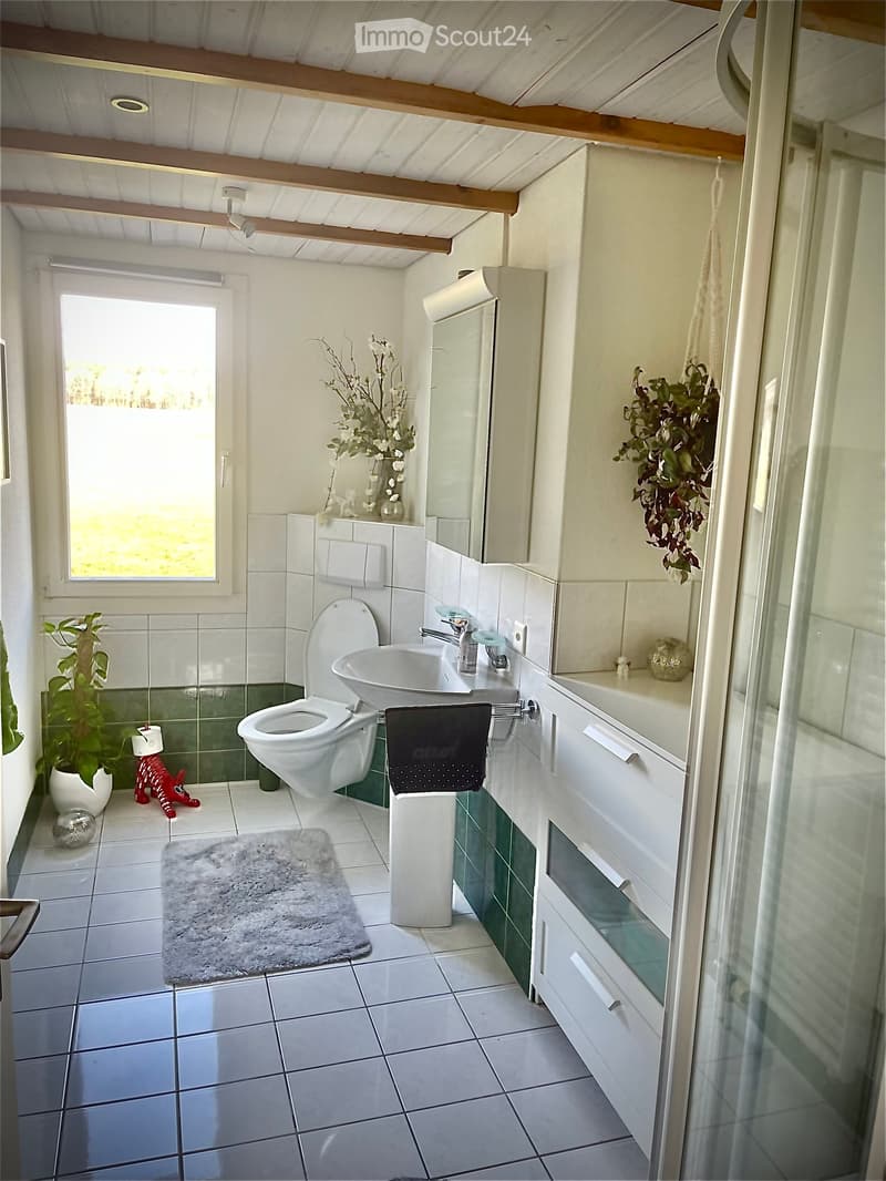 Bright bathroom with white tiles, a toilet, sink, cabinet, mirror, and decorative plants. Features a window with a view and a small rug on the floor.
