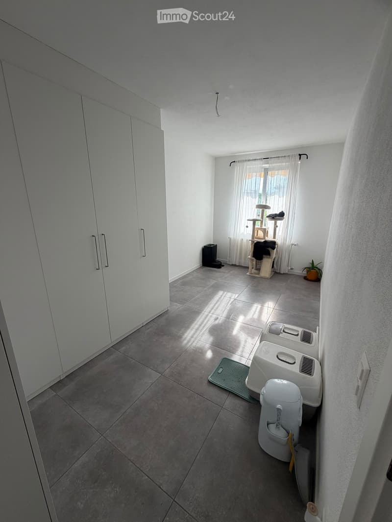 A well-lit room with tiled flooring, featuring a cat tree, cat litter box, cat food dispenser, a small plant, and a cabinet with handles.