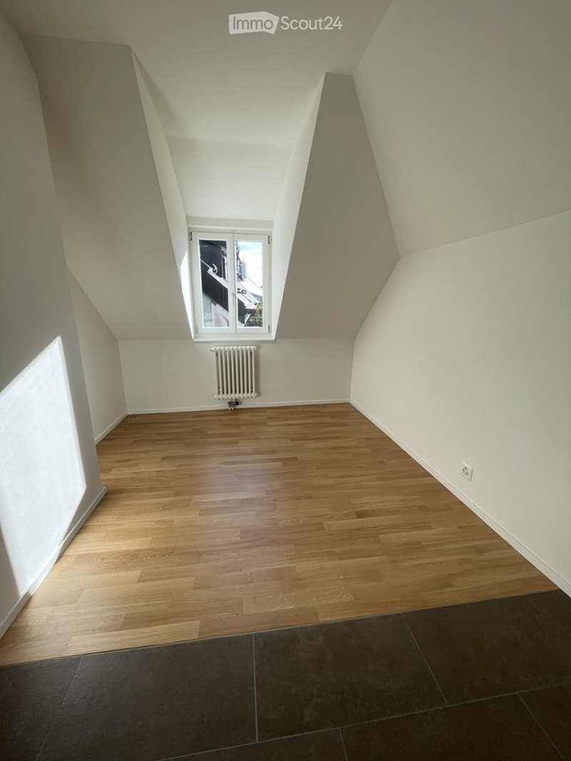 Empty attic room with wooden flooring, white walls, and a skylight window. No furniture or equipment present.