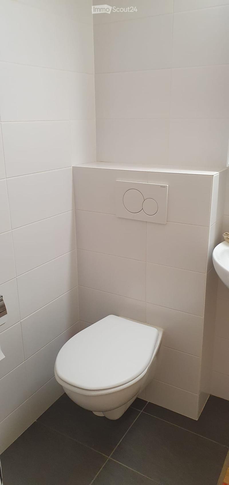 Modern bathroom with white tiled walls, dark tiled floor, toilet, and sink visible.