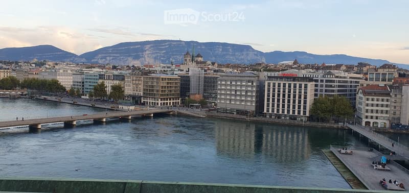 A panoramic view of a cityscape with modern buildings, a river, and distant mountains.