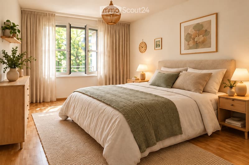 Cozy bedroom with a large bed, nightstands, lamps, a wooden dresser, and decorative plants. The room features large windows with curtains and a woven hanging light fixture.