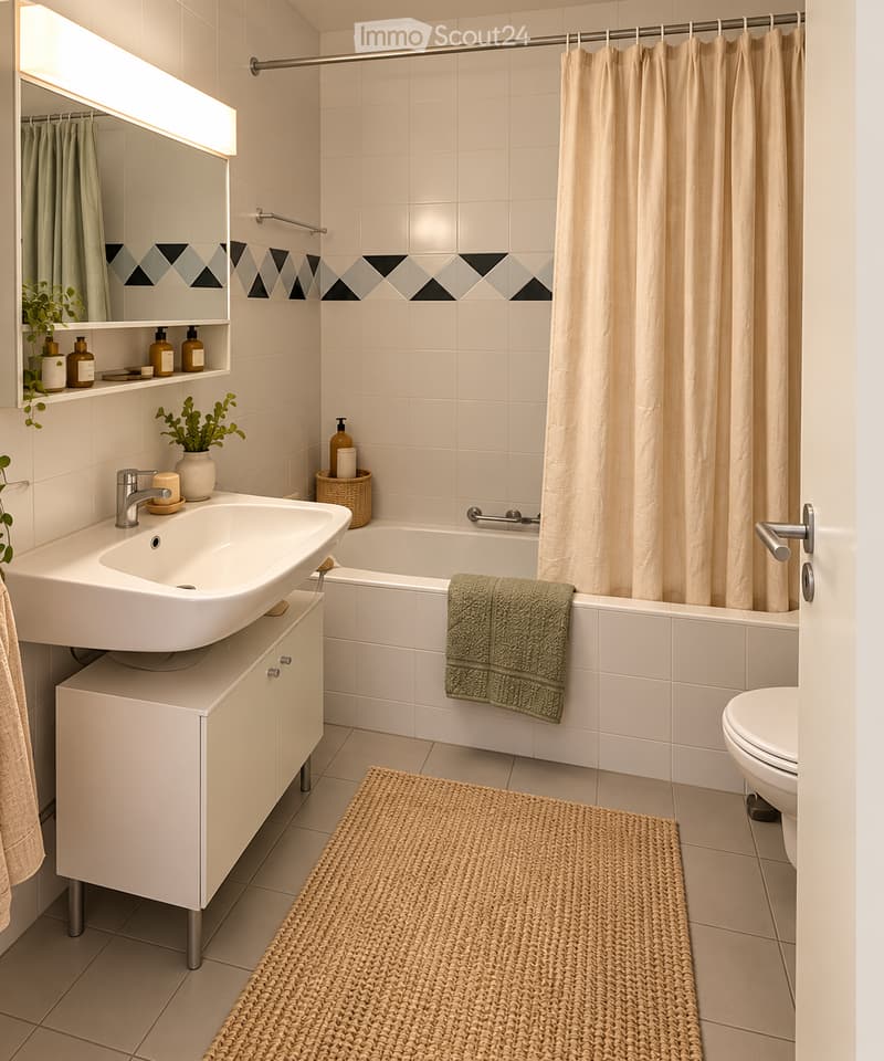 Modern bathroom with white tiles, a sink with a modern faucet, a bathtub with a shower curtain, a toilet, a mirror with shelves, and a woven bathroom rug.