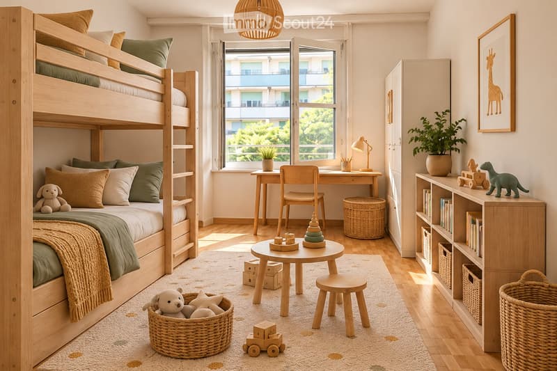 Bright, modern children's bedroom with a wooden bunk bed, desk area, small round table, and various toys and books.