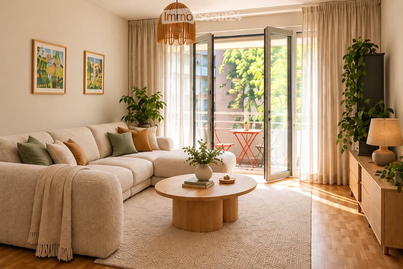Modern living room with a sectional sofa, coffee table, side table, and large windows opening to a balcony. Features include a hanging pendant light, plants, and artwork on the walls.
