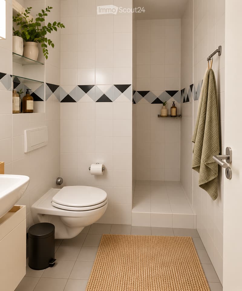 Modern bathroom with white tiles, a toilet, sink, towel, and decorative plants on shelves.