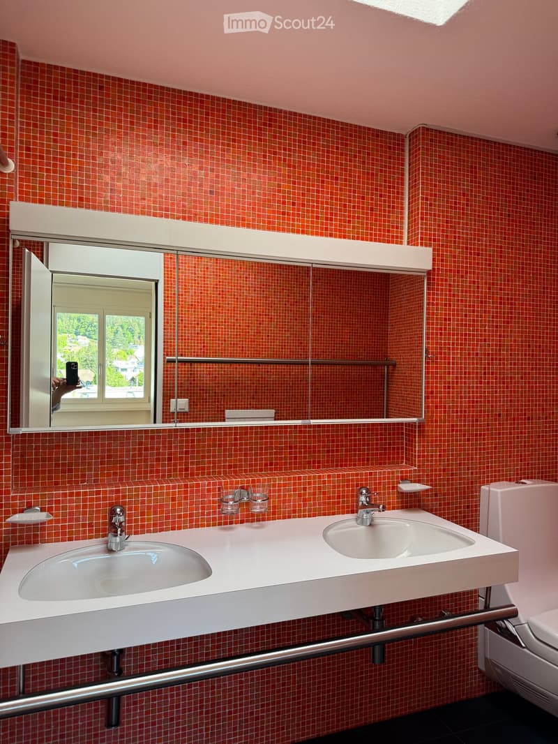 Bathroom. Modern bathroom with red tiled walls, white countertop, double sink, and large mirror.