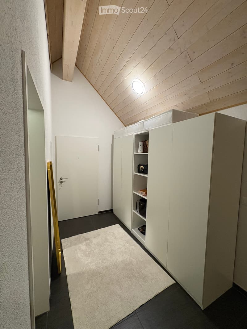 Modern hallway with white walls, dark tiled floor, built-in white storage unit with shelves, and a small round ceiling light.