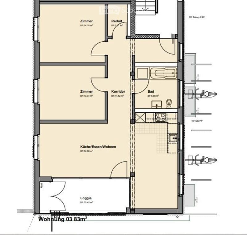 Floor plan of a 83.3 m² apartment featuring a kitchen/dining/living area, two bedrooms, a bathroom, a hallway, and a loggia.