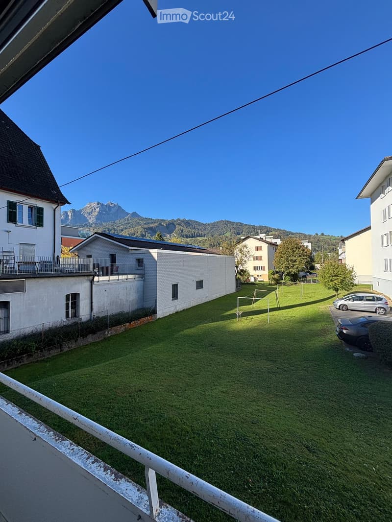 A grassy outdoor area with a view of surrounding houses and mountains, featuring a small goalpost and parked cars nearby.