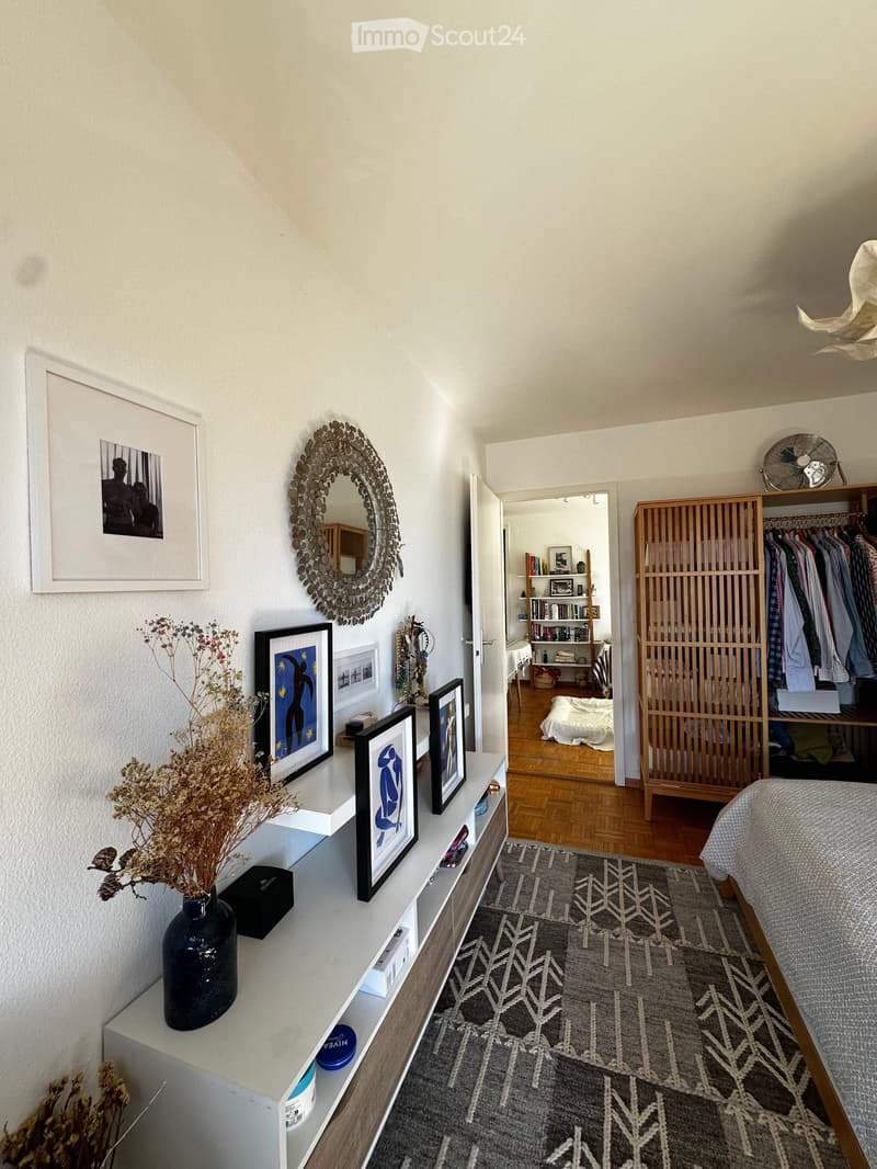 Modern bedroom with a bed, grey patterned rug, white shelves with decorative items, a large mirror, and a closet with hanging clothes.