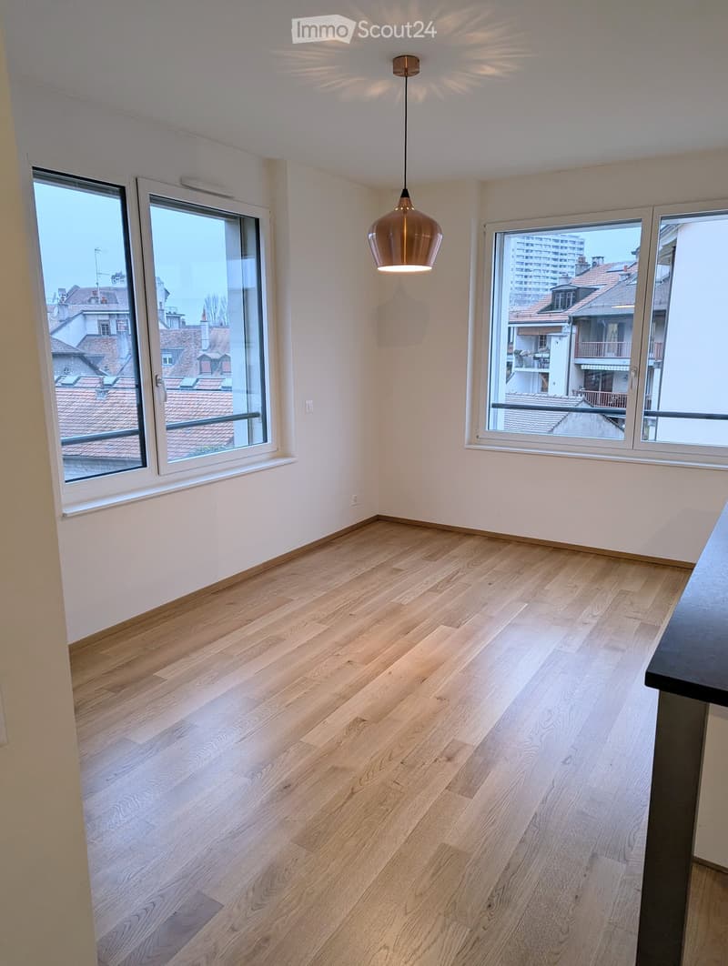 Empty room with light wooden flooring, white walls, large windows offering a view of rooftops, and a single hanging light fixture.