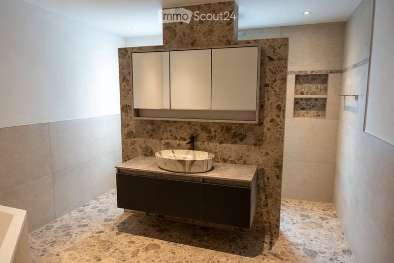 Modern bathroom with a stone sink, sleek cabinetry, and a large mirror above the sink.