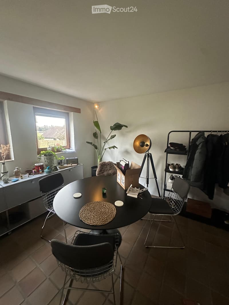 A modern, well-lit room with a round black dining table, four black chairs, a sleek cabinet, a floor lamp, and a tall plant near the window. The room features tiled flooring and a cozy, contemporary design.