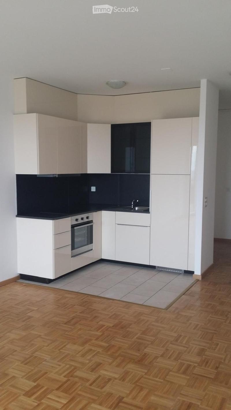 Modern kitchen with white cabinets, black countertops, and a built-in oven. Features a wooden herringbone floor and a sleek, contemporary design.