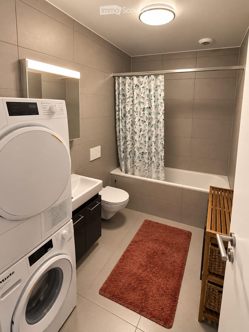 Modern bathroom with a washing machine, toilet, bathtub, sink, mirror, and a red bathroom rug.