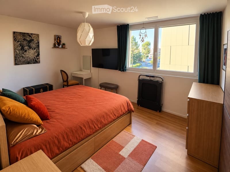 Cozy bedroom with a wooden bed, colorful pillows, a chair, a small table, a mirror, a TV screen, a cabinet, and a potted plant on a shelf.
