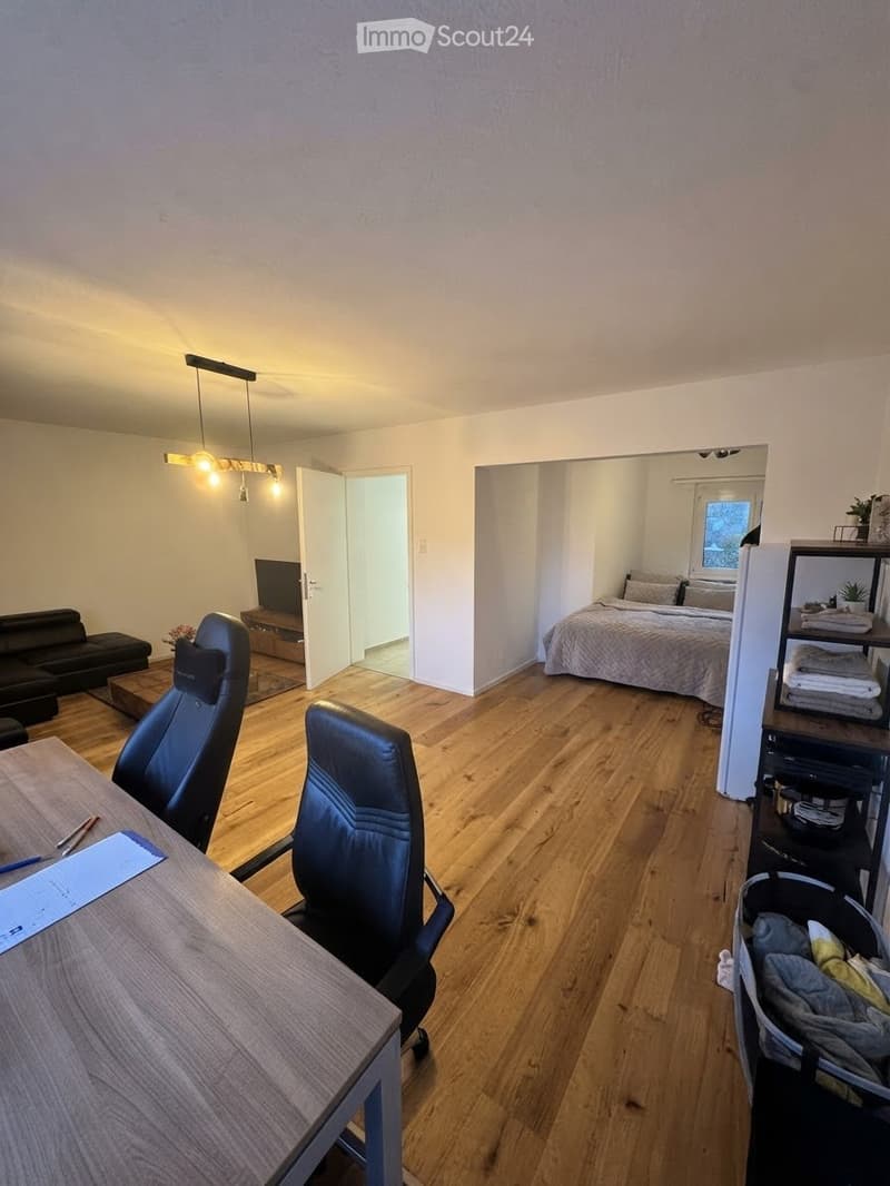 A modern, open-concept living and bedroom space with wooden flooring, a black leather sofa, a desk with chairs, a bed with bedding, and a shelf with folded towels and decorative items.