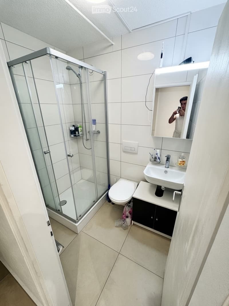 Modern bathroom with a glass-enclosed shower, toilet, sink, and mirror. The walls are tiled in white, and the floor is tiled in beige. There is a small cabinet under the sink holding toiletries.