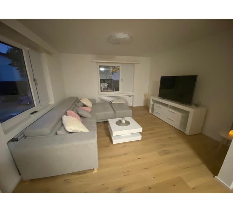 Modern living room with light wooden flooring, grey sectional sofa with multiple pillows, white coffee table, flat-screen TV on a white stand, large windows with view outside.