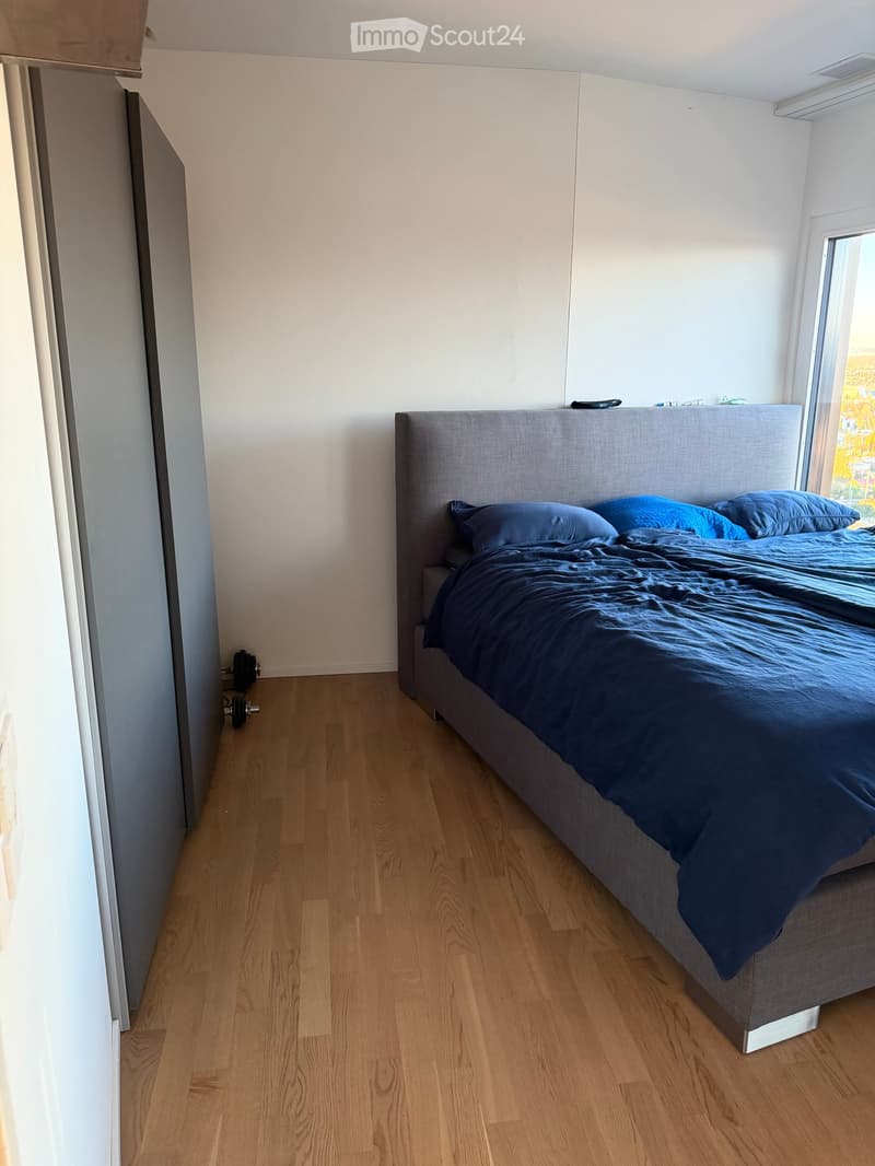Modern bedroom with a large bed, blue bedding, and wooden flooring. A window with a view is visible on the right side.