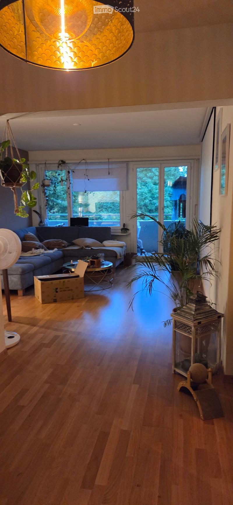 Living room with wooden floor, large windows, sofa, coffee table, fan, and plants.