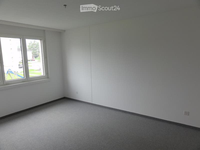 Empty room with white walls, carpeted floor, and a large window with white frame. No furniture or equipment present.