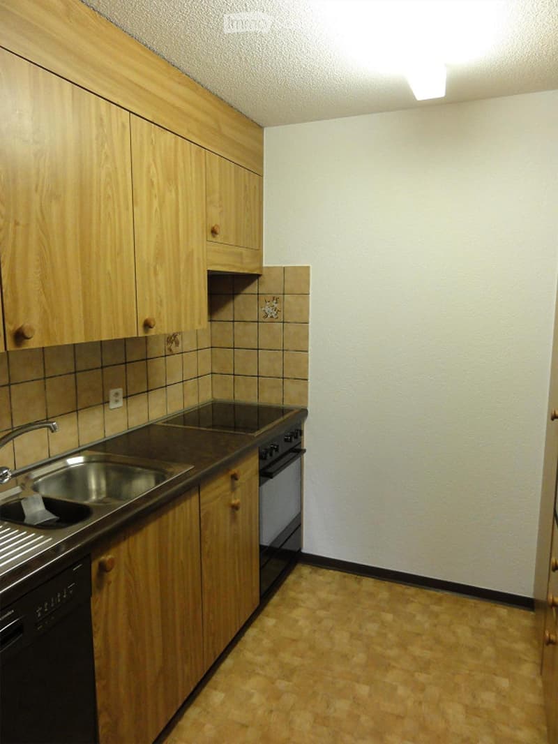 Modern kitchen with wooden cabinets, stainless steel sink, oven, and dishwasher. The space features tiled backsplash and a light-colored floor.