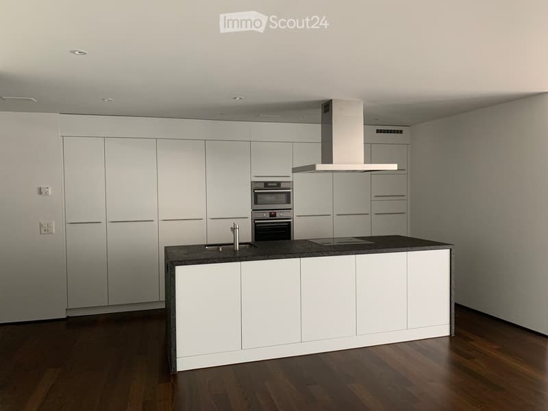 Modern kitchen with white cabinets, dark countertop, stainless steel appliances, and wooden flooring.