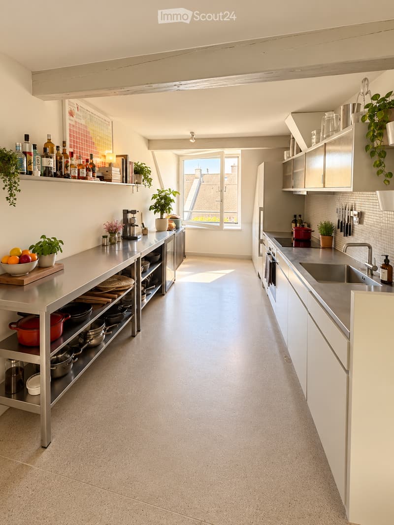 Modern kitchen with white cabinets, stainless steel appliances, and a large island with open shelving. Features include a sink, refrigerator, oven, coffee maker, and various kitchen items on the island and shelves.