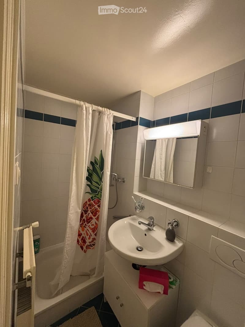Bathroom with a sink, mirror, shower, and toilet. Features a white shower curtain with a leaf design, a towel on the rack, and a pink towel on the cabinet.