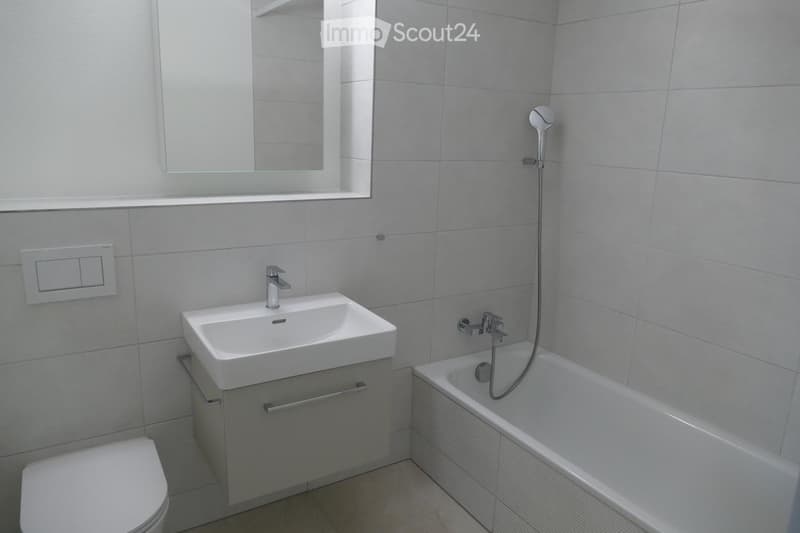 Modern bathroom with white tiles, a sink with a modern faucet, a bathtub with a handheld shower, a toilet, and a large mirror above the sink.