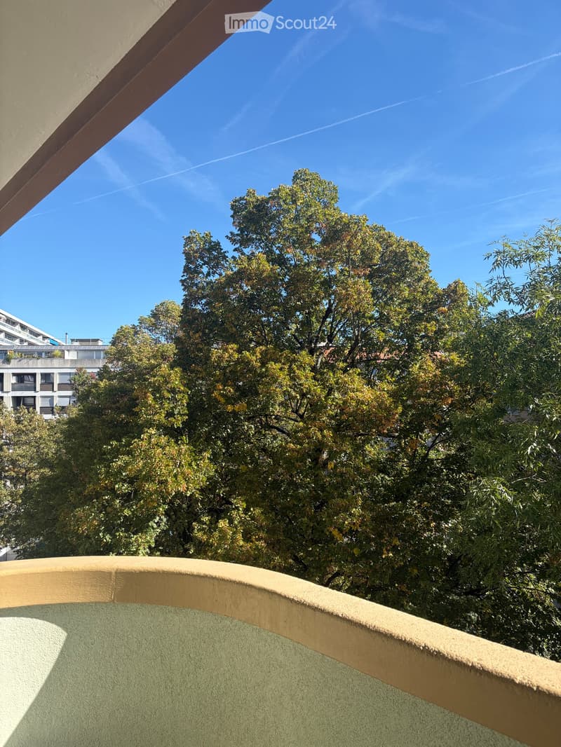 Balcony with a curved railing, overlooking a tree-filled area and a multi-story building in the background.